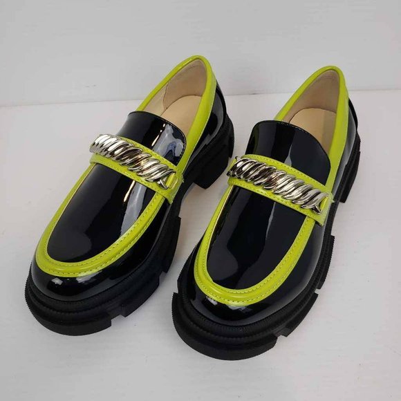 Womens Zaynsia Platform Loafers Shoes Black Patent Leather Neon Yellow 6M New - Picture 4 of 14
